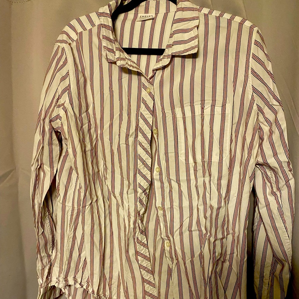 Empyre brand long sleeve red, white and blue stripped button down shirt.